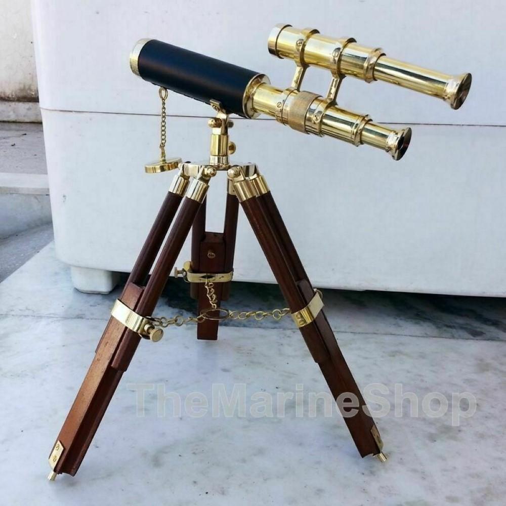 Brass Telescope With Wooden Tripod Stand Maritime Nautical Vintage Desk Décor