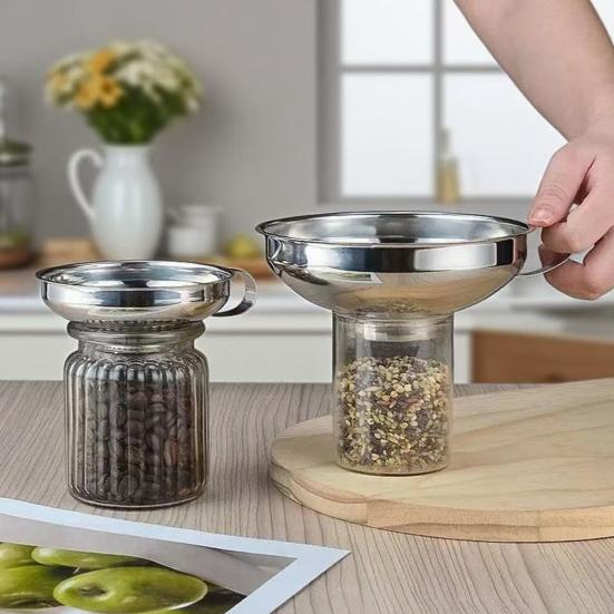 1/2Pcs Stainless Steel Funnel with Non-Slip Handle, Food Grade Metal Kitchen Filling Funnel, Wide Mouth Canning Funnel for Bottles & Jars