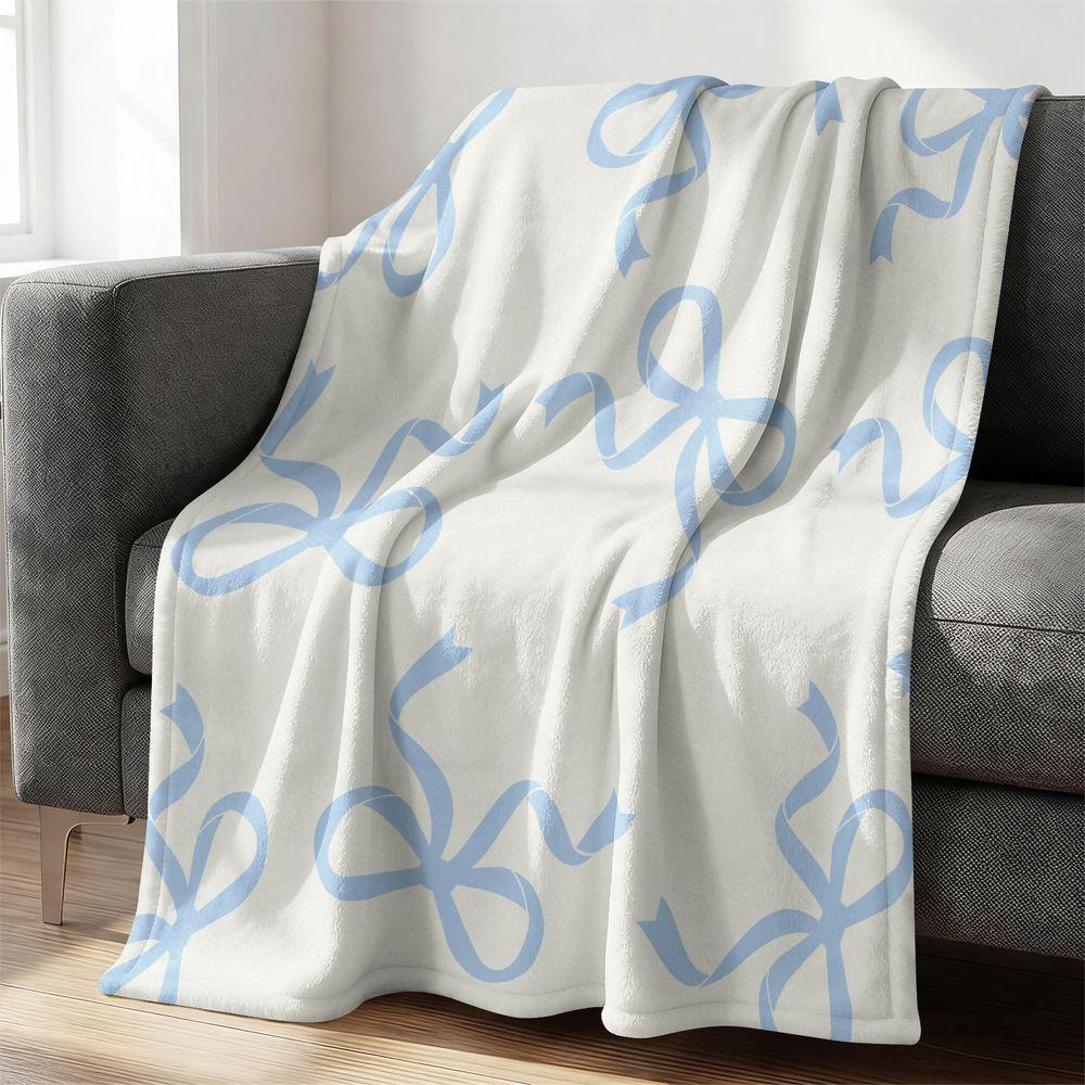 Seamless Light Blue Bow Pattern Flannel Fleece Blanket for Bedroom Sofa Couch Gift Throw Blanket Soft Cozy Blanket Digital Print 100cmx150cm