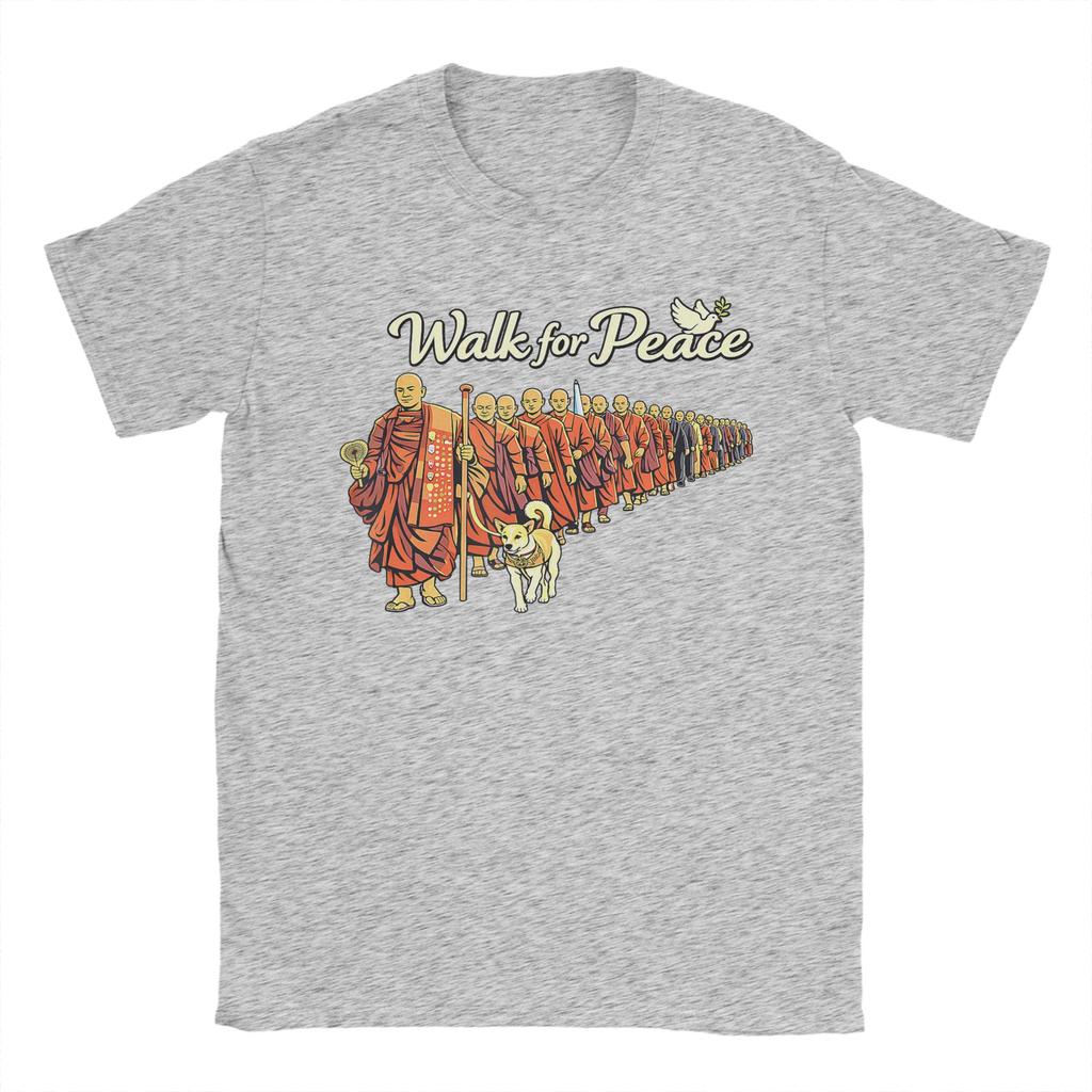 Retro Walk for Peace Monks with Aloka Dog Minimalist Zen Art TShirt Cotton T Shirts For Couple Tee Shirt ShortSleeve Top Tees