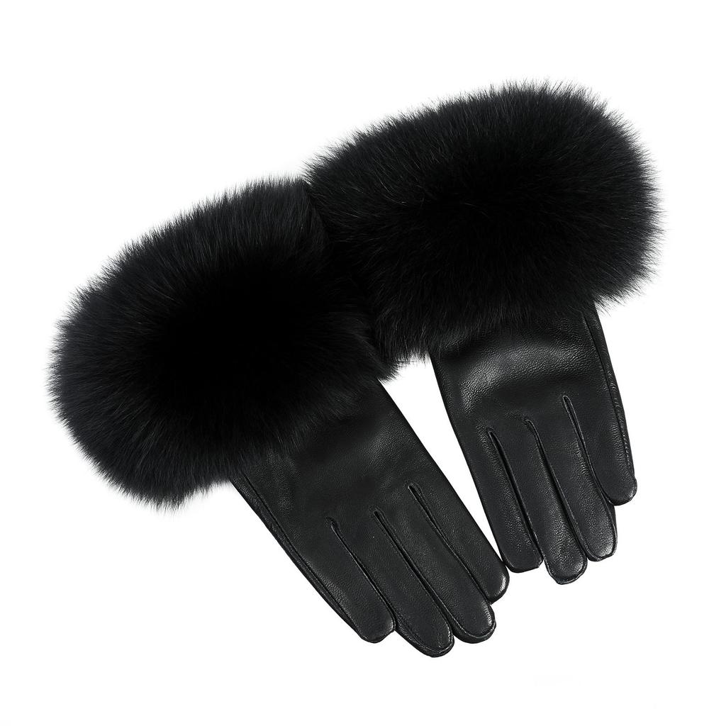 Women Genuine Lambskin Leather Gloves With Real Fox Fur Trim Cuff Winter Warm Driving Gloves-Velvet Lined