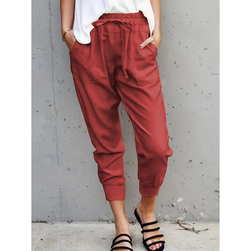 Summer Women Loose Plus Size Solid Color Simple Lace Up Slim Casual Nine Point Slimming Trousers