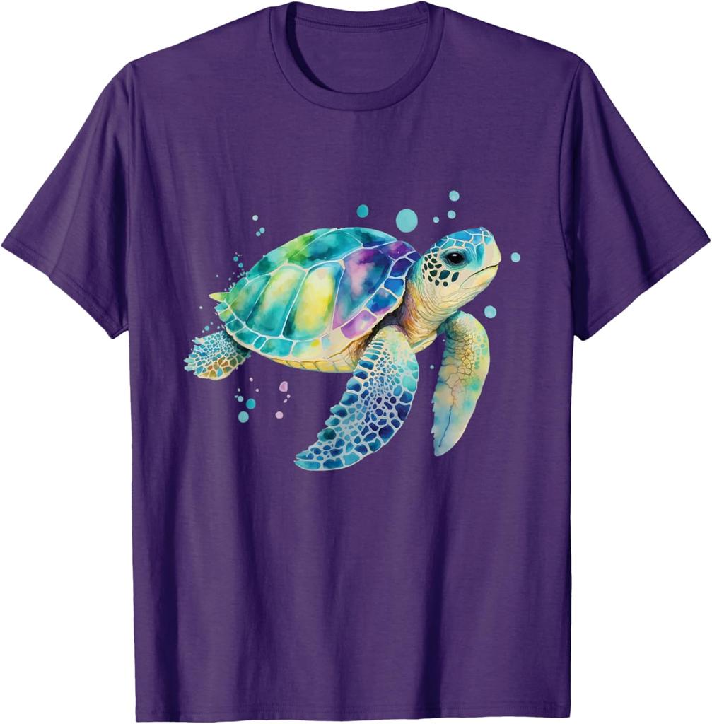 Watercolor Sea Turtle Graphic Tee Breathable Cotton Casual T-Shirt for Men Beach Trip