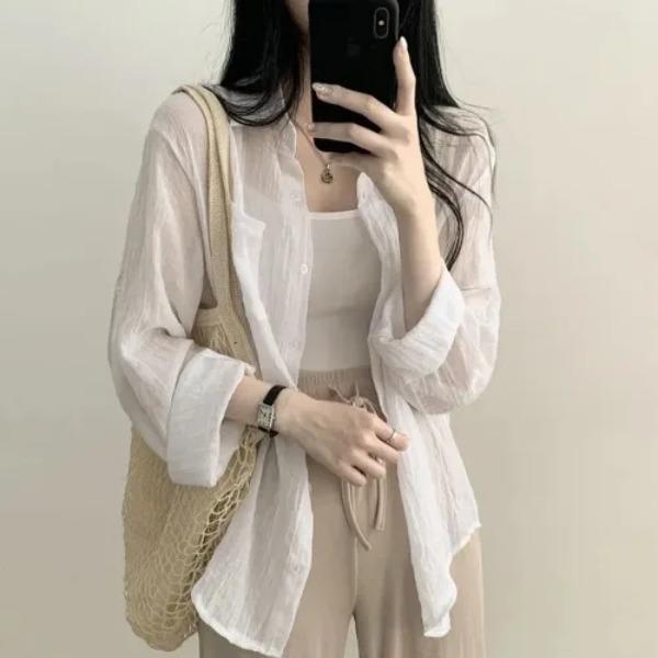 Summer Ice Cream Color Loose Long Sleeve Women's Shirt Sun Protection Folded Design Commute Style Thin Material Pure Color