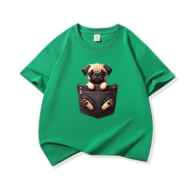 Kids Cotton T Shirt Cute Pocket Pug Puppy Dog Graphic Crew Neck Short Sleeve Tee Casual Breathable Boys Girls Summer Tops