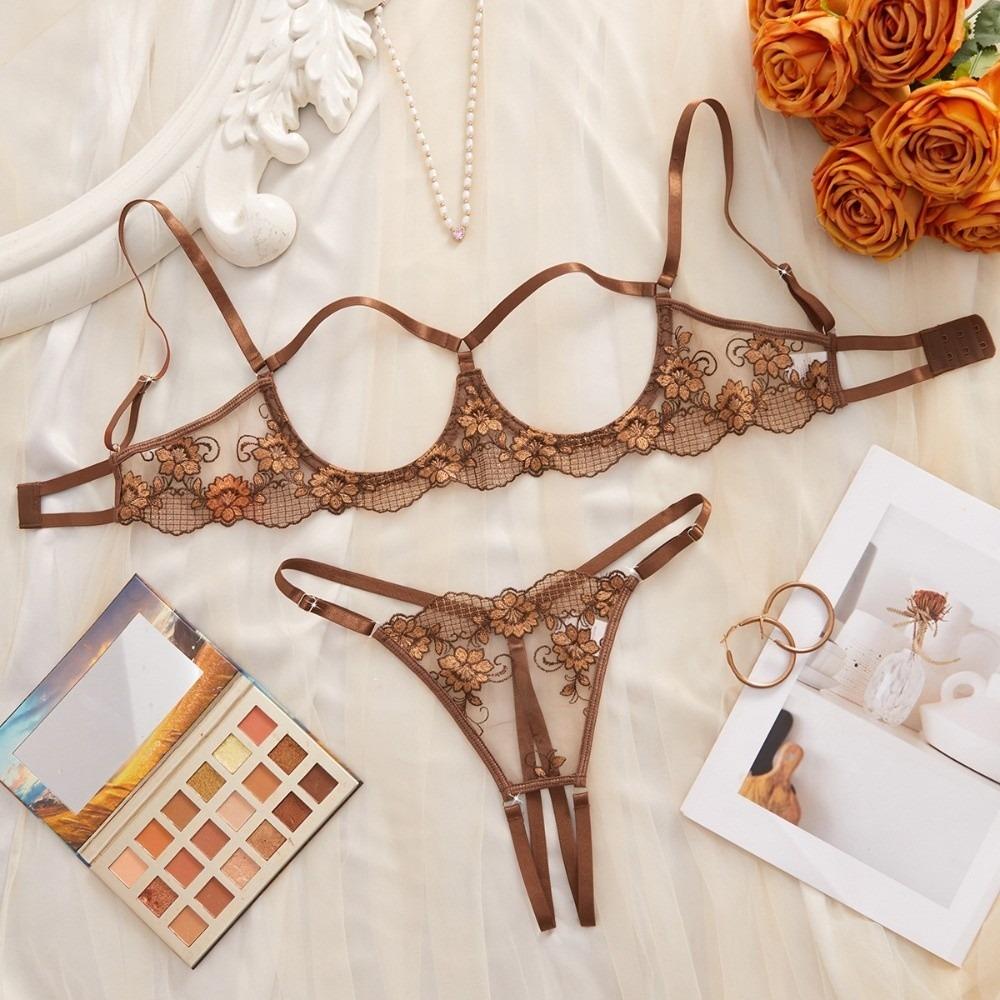 Lace Lingerie Suit Chest Support Bra Briefs Set T-back Perspective Lingerie Valentine's Day