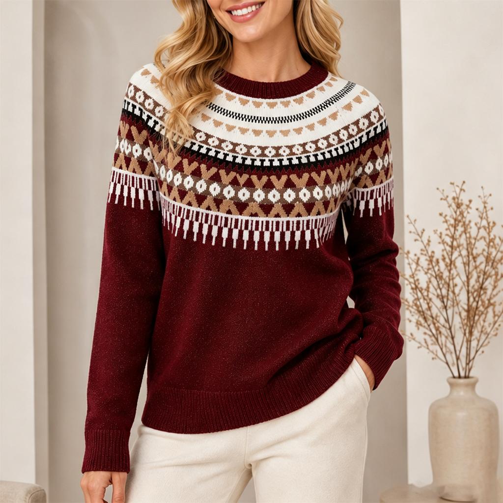 Damen Rundhals Pullover Retro Stricktop