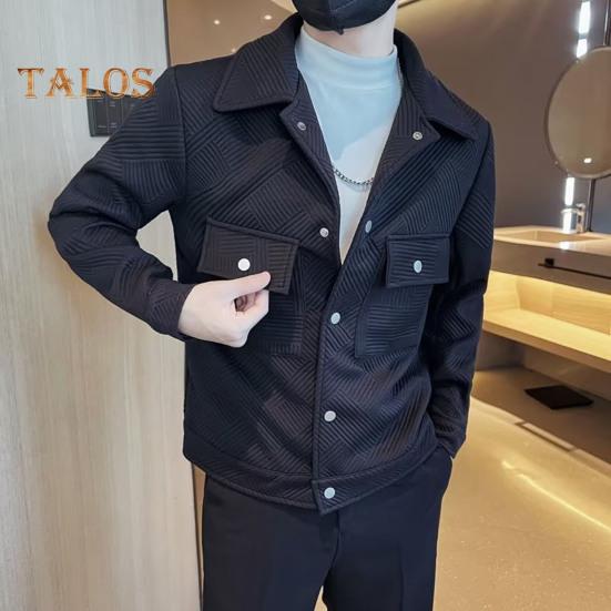 Herrenjacke Revers Langarm Pattentaschen Einreihiger Jackenmantel Einfarbig Gestreiftes Jacquardmuster Oberbekleidung