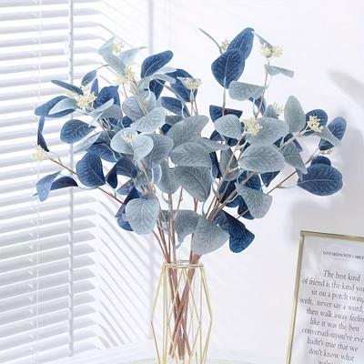 1 Stück Blaue Eukalyptusblüten Künstliche Blätter Zweig Kunstpflanze Dekoration für Hochzeitszimmer Zuhause Blumengesteck Dekor