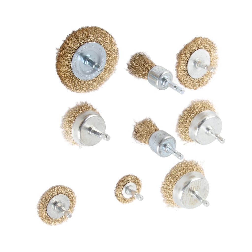 9Pcs Drill Wire Brush Wheel End Cup 14in Hex Shank Accessory Set Kit for Wood Metal