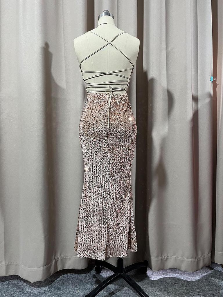European & American Women's Sequin Slit High Waist Bridesmaid Evening Dress