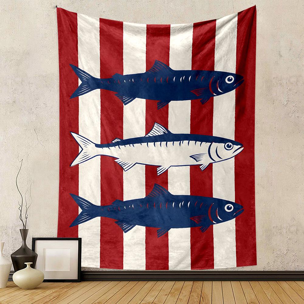 Striped Pattern with Blue Fish Illustration Patterned Tapestry Decorative Wall Hanging, Home Bedroom Living Room Decor