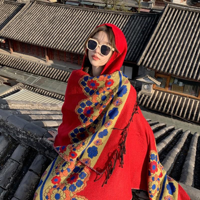 Yunnan Dali Ethnic Style Women's Warm Hooded Scarf Cloak