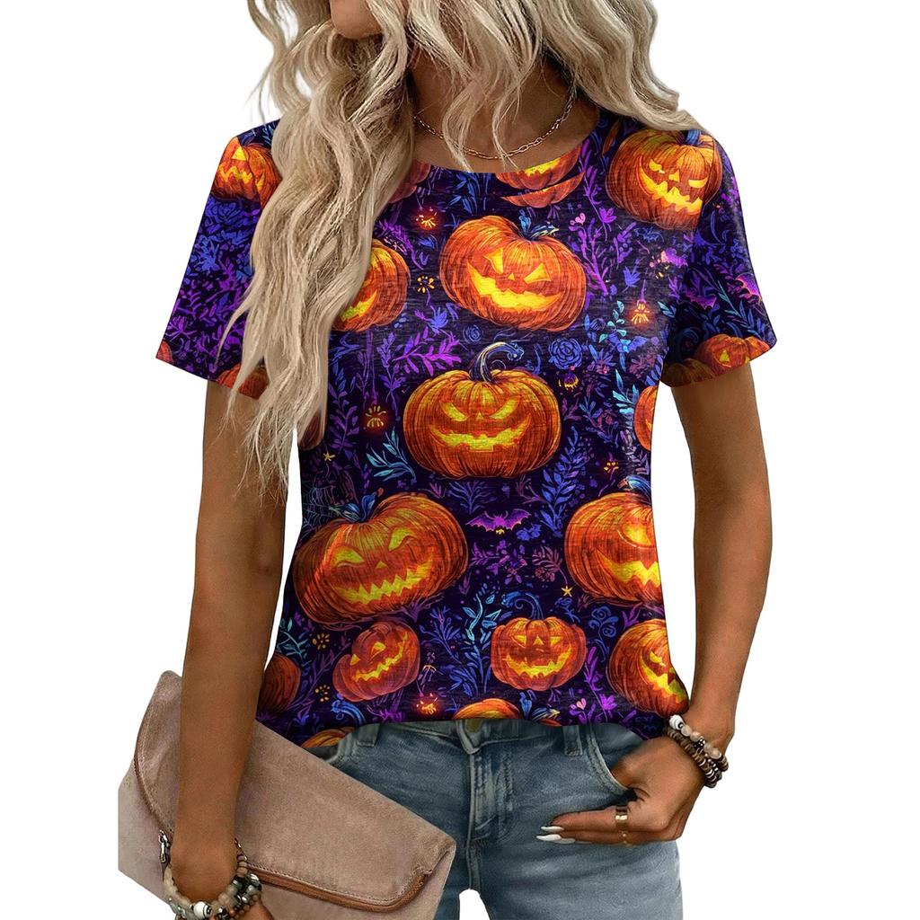 Women's Loose Fit Casual Halloween Print T-Shirt Short Sleeve Crew Neck Comfortable Top for Daily Wear and Seasonal Outfits