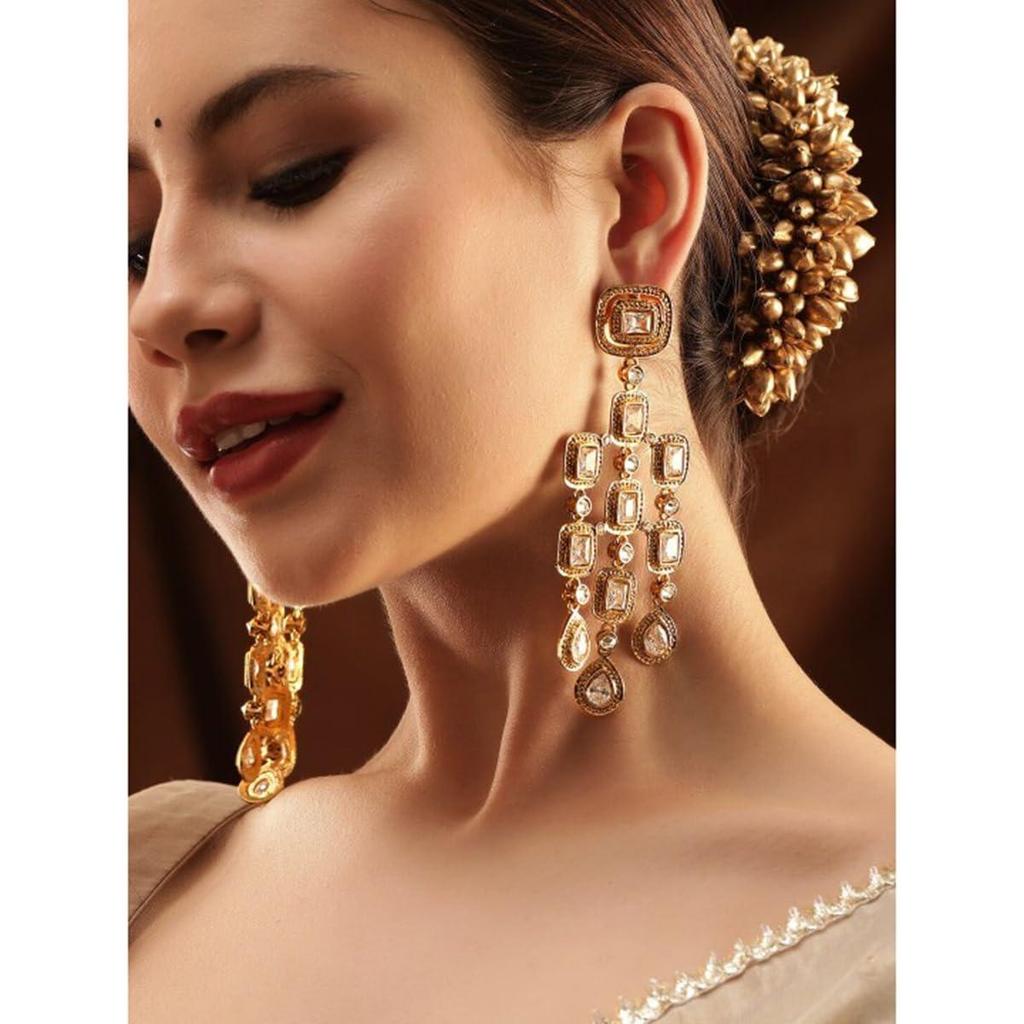 22K Gold-Plated/Rhodium-Plated Chandelier Earrings - Cubic Zirconia Studded Antique Traditional Chandelier Earrings