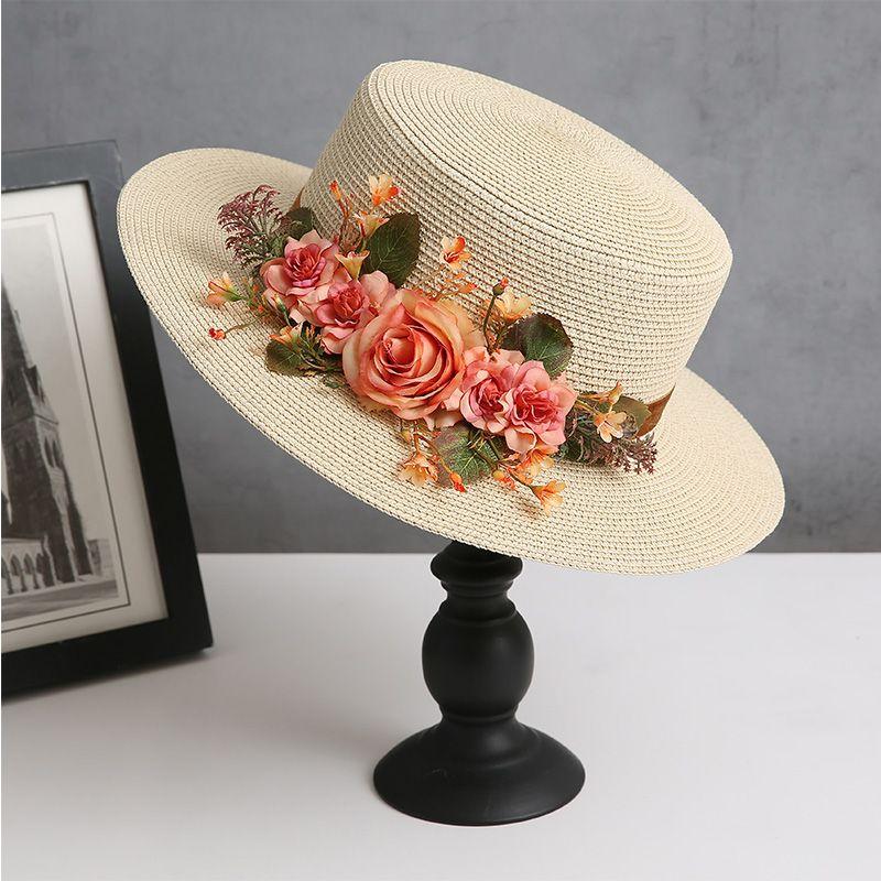 spring summer flower hat French women's straw flat hat elegant beach hat Barrel cap sun hat outdoor travel sun hat wholesale
