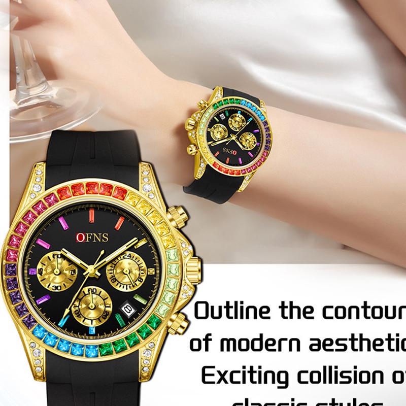 Quartz Luxury Mens Round Imitation Color Diamond Watches Movement Waterproof Men Wristwatches Week Display Male Clock