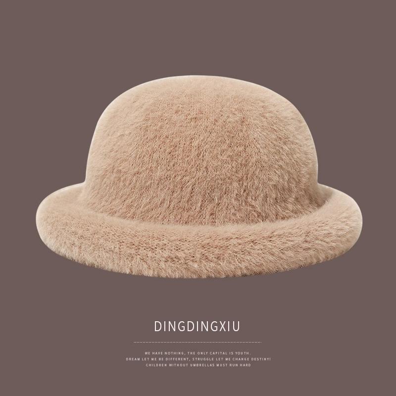 Bucket hat women's winter warm hat plush top hat knitted basin hat thick light luxury high sense