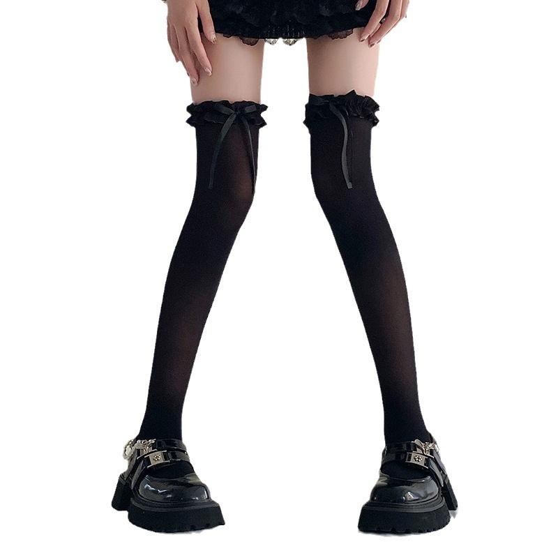 Japanese Velvet Knee Socks Spring and Summer Thin Lace Hold-Ups Pure Desire Wind Long Tube GirlJKUniform Lace Butterfly