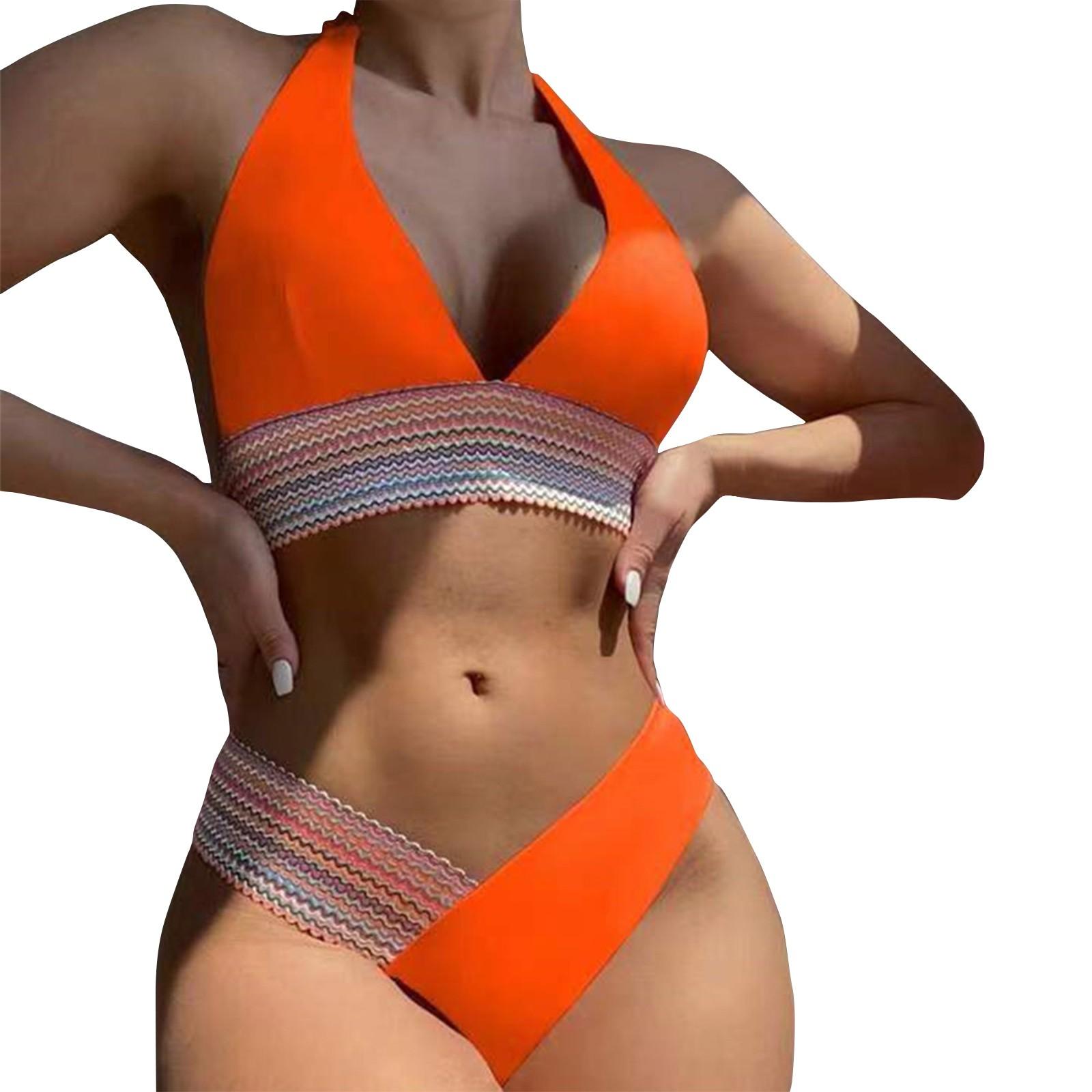 

Two Piece Bikini Swimsuit for Women Halter Neck Top and High Cut Bottom with Decorative Band Design for Beach Pool Swimwear L шафрановий