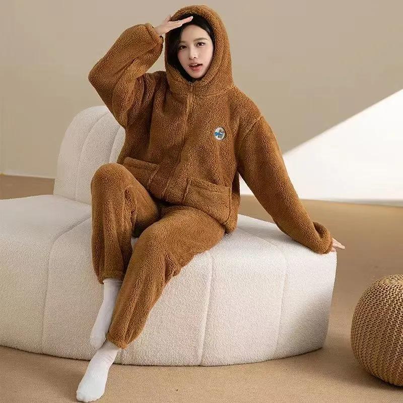 Winter Women's Suit Plus Velvet Thickened Hooded Beam Feet Casual Warmth High-value Pajamas Can Be Worn Outside At Home