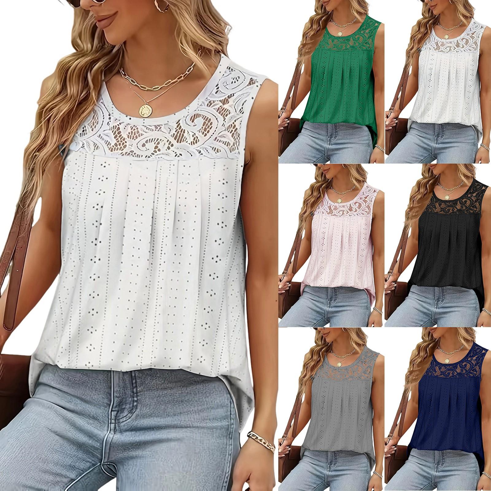 

Women s Plus Size Sleeveless Lace Pleated Shirt Summer Shirt Tunic Top M білий