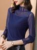 Women's High Neck Mesh Lace Base Layer: Fleece-Lined Long Sleeve Fashionable Innerwear for Autumn/Winter.