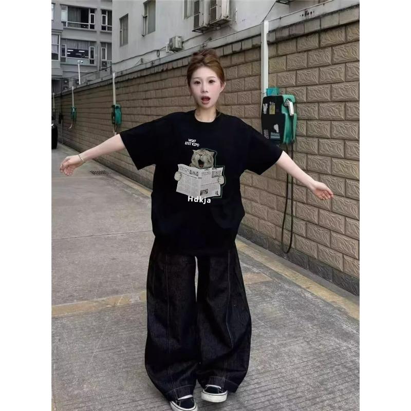 Women's Round Neck Short Sleeve Cotton T-Shirt Loose Fit Cat Print Casual Summer Top