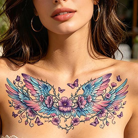 5 Sheets Colorful Butterfly Flower Tattoo Stickers, Waterproof Temporary Body Art, Hypoallergenic Floral Chest Back Decals for Women Girls