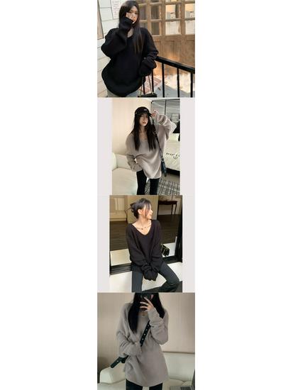 Women's Black Loose Collar Sweater - Lazy Style Pullover, Knitted Long Sleeve Top for Autumn and Winter.