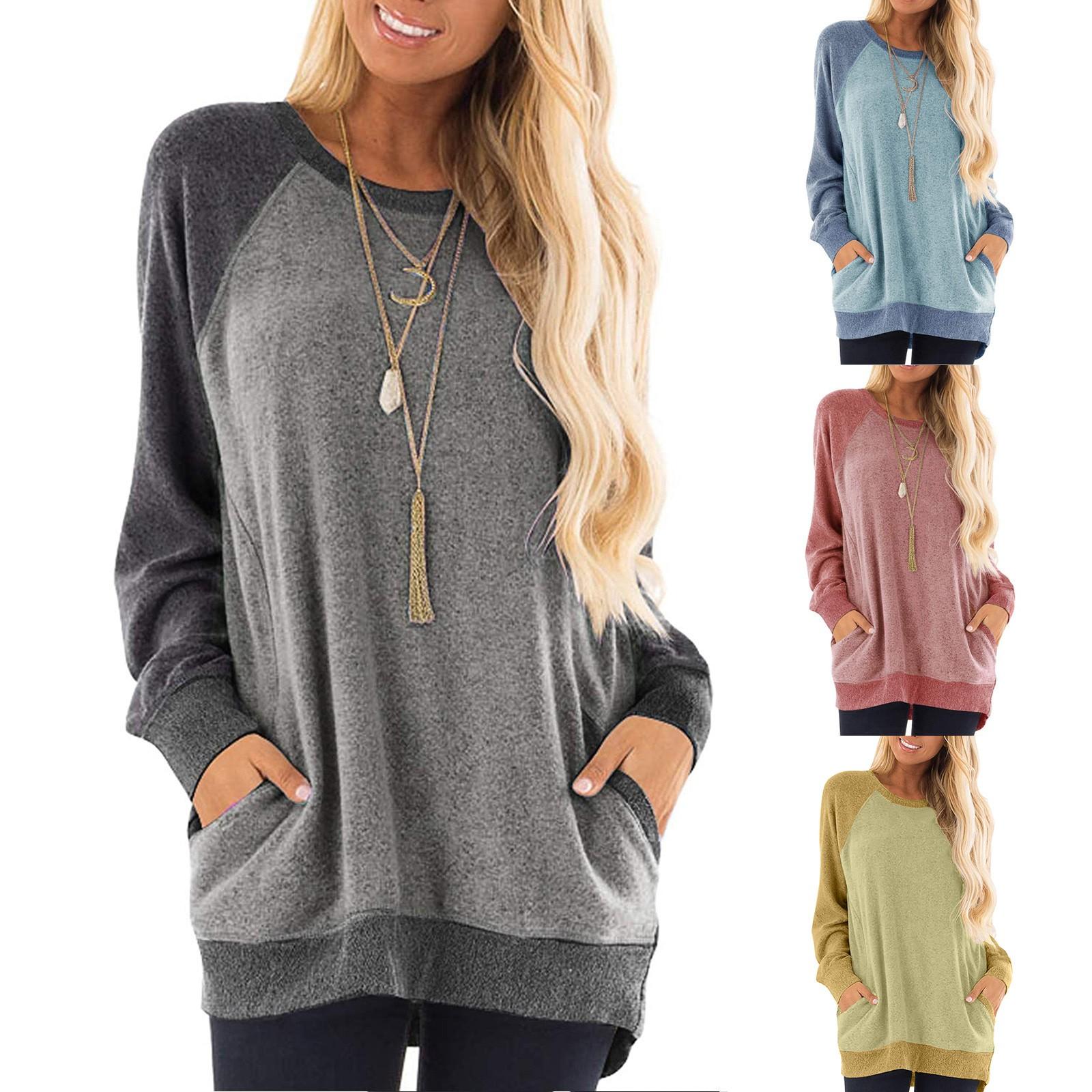 

Женские повседневные футболки с длинными рукавами и карманами с цветными блоками, толстовка, блузка