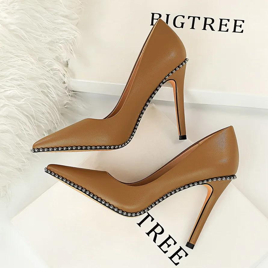 Fashion BIGTREE Shoes Rivet Woman Pumps 2024 New High Heels Stiletto Pu Leather Women Heels Sexy Party Shoes Female Heel Plus Size 43