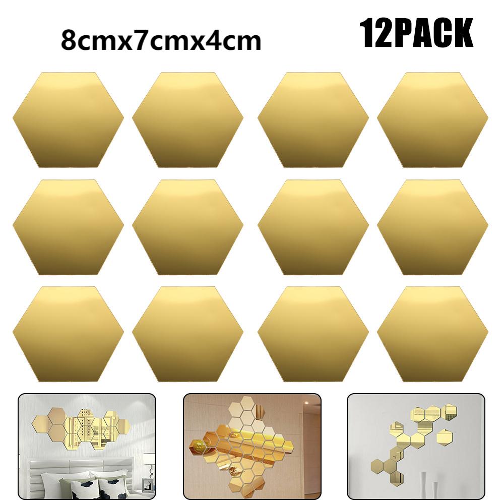 12/48pcs Hexagon Acrylic Mirror Wall Sticker Diamond Shaped Acrylic Tile Stickers Peel and Stick 3D Tile Wall Decals DIY Decor