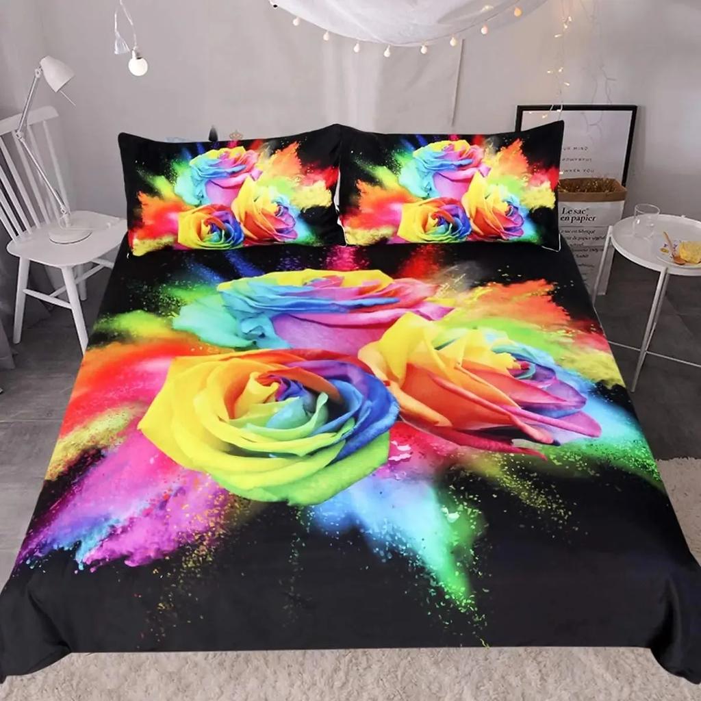Girls Rainbow Rose Duvet Cover Set Colorful Rose Floral Bright Flowers Petal Comforter Cover Garden Fresh Bedding Sets Full Size