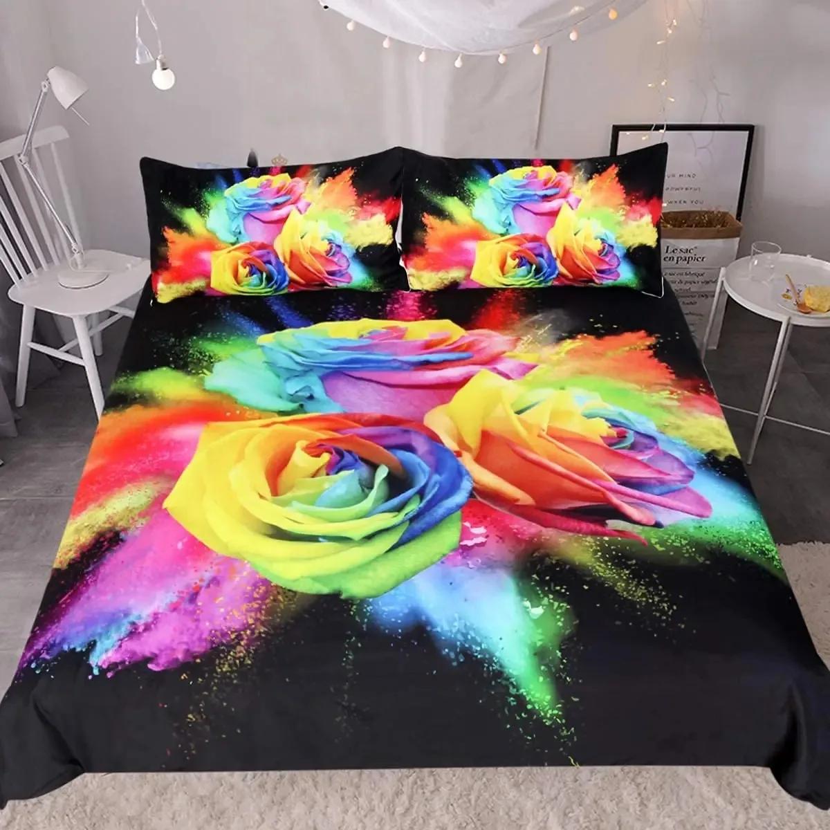

Girls Rainbow Rose Duvet Cover Set Colorful Rose Floral Bright Flowers Petal Comforter Cover Garden Fresh Bedding Sets Full Size 70x133cm