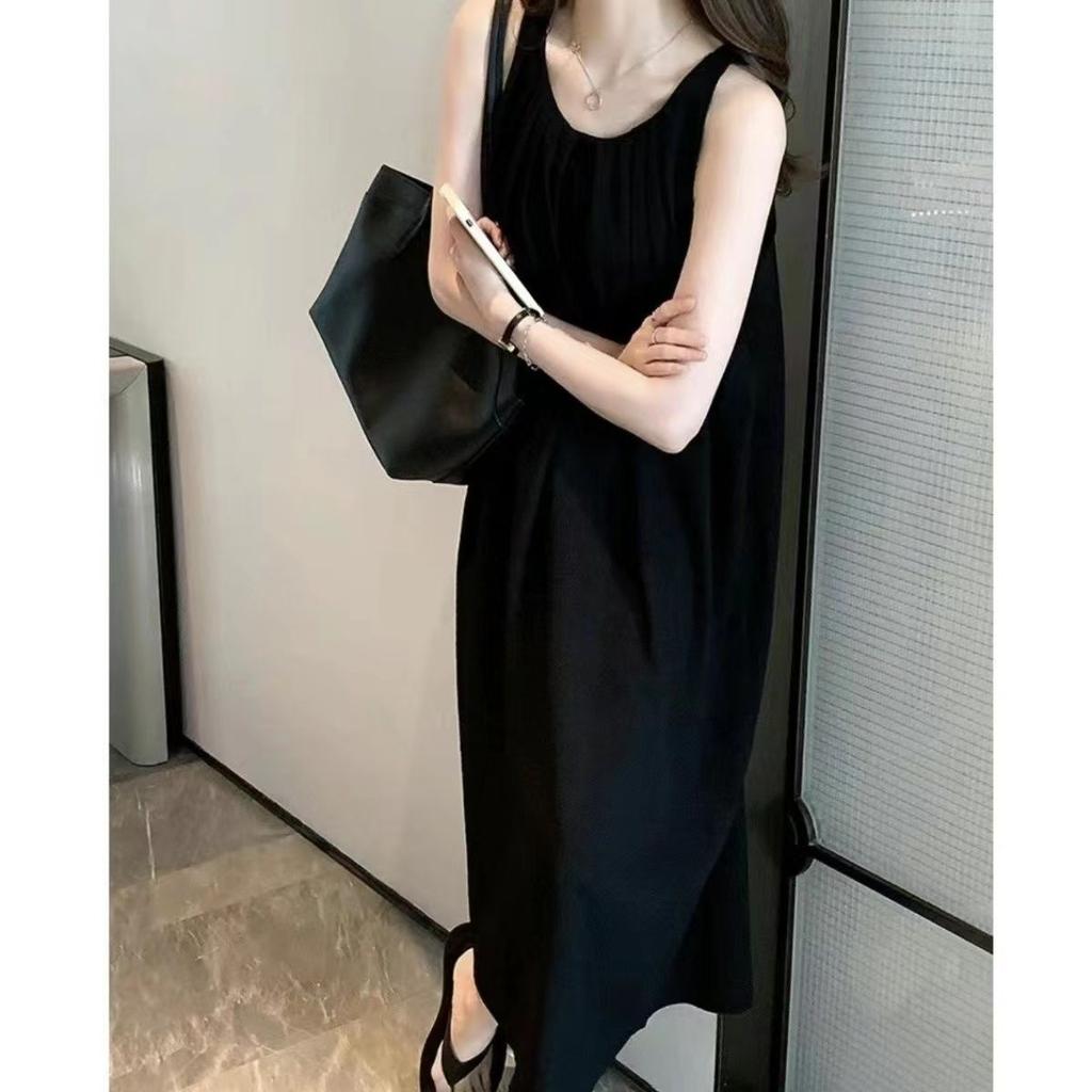 French Mori Pleated Sleeveless Dress Women's Summer Lazy Wind Loose Vest Long Dress Seaside Vacation Beach Dress