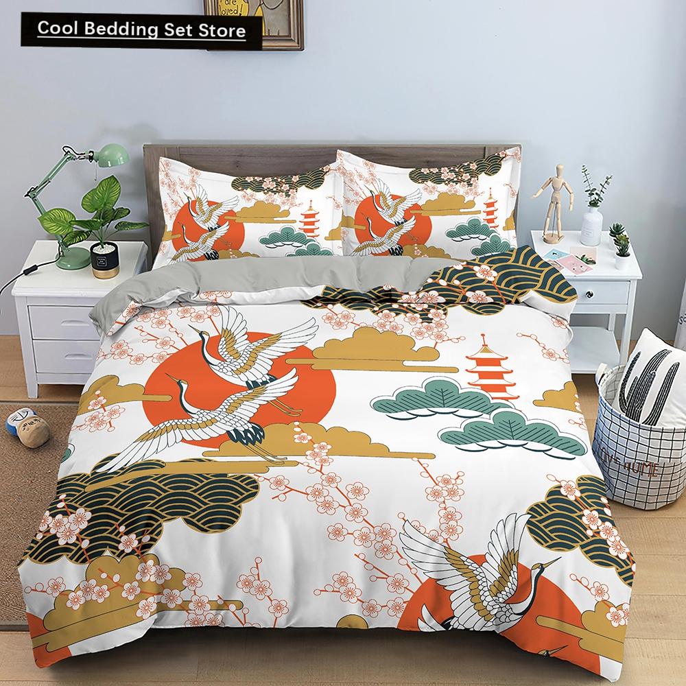 Kranich Gedrucktes Bettwäscheset 3D Rote Japanische Kirschblüten Bettbezug King Queen Größe Floral Wolke 2/3tlg. Polyester Steppdeckenbezug