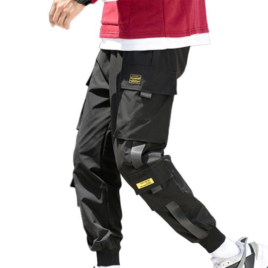 Men Cargo Pants Side Pockets Stretchy Waist Drawstring Strap Decor Ankle-banded Jogger Pants Daily Clothes