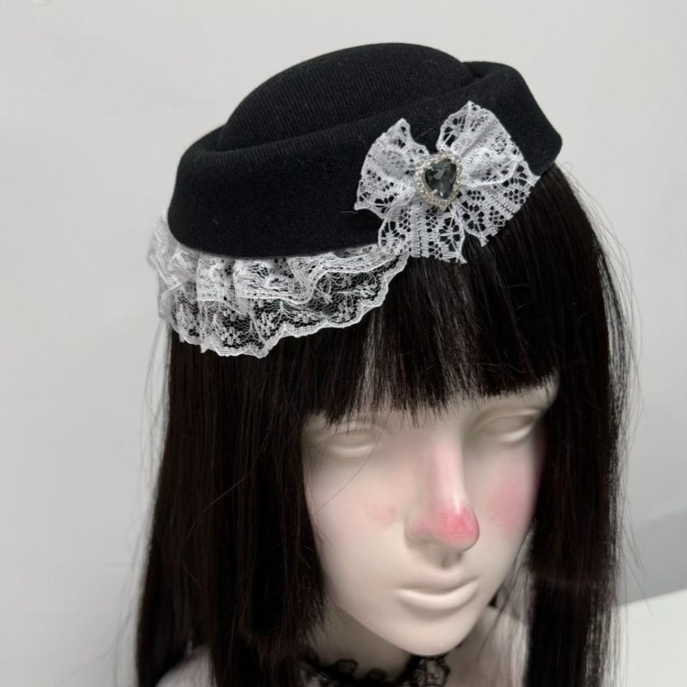 Elegant Lace Billycock Hat Sweet Heart Crystal Round Hat Hair Accessories Bow Pillbox Hat  Party