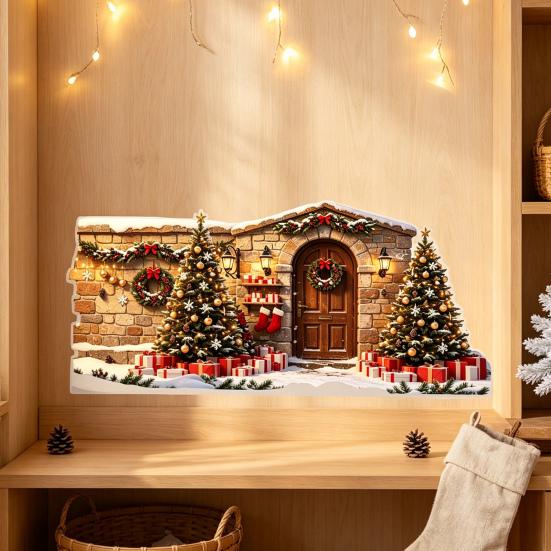 Snow Scene Sticker Christmas House Wall Sticker, Removable Self-Adhesive Decoration Decal Decal, PVC Waterproof Decorative for Holiday Window Stickers