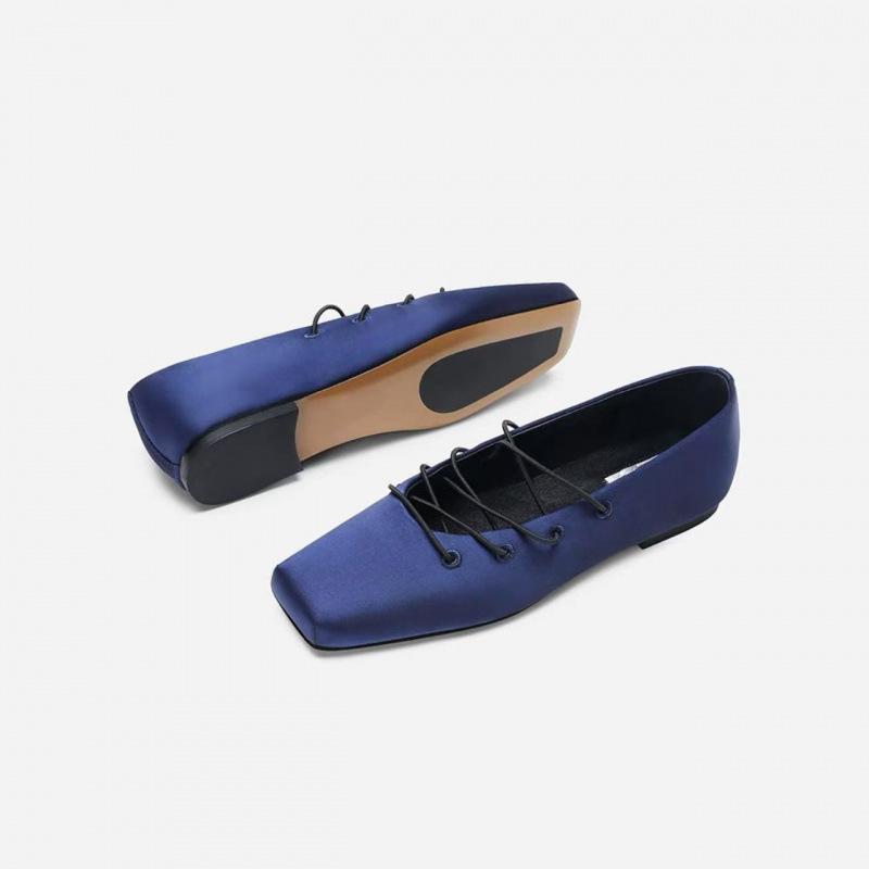 

2025 spring and summer new round head lace-up ballet shoes women s satin Mary Jane shoes versatile flat-bottomed shallow mouth single shoes 35 синий