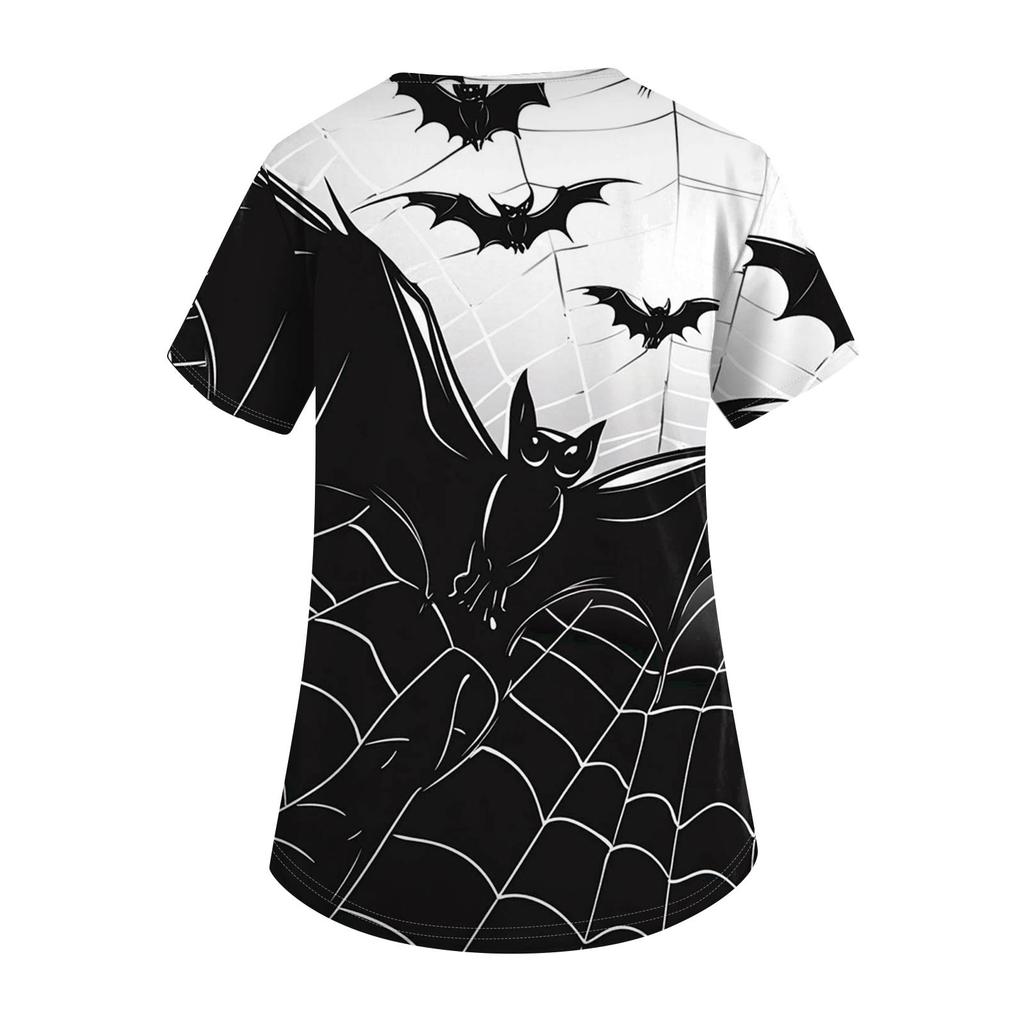 Women's Fashion V-neck Short-sleeved Work Uniform With Pockets, Halloween Print Top
