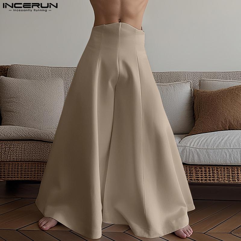 INCERUN Men Zipper Up Asymmetry High Waist Casual Long Wide Legs Pants Trousers