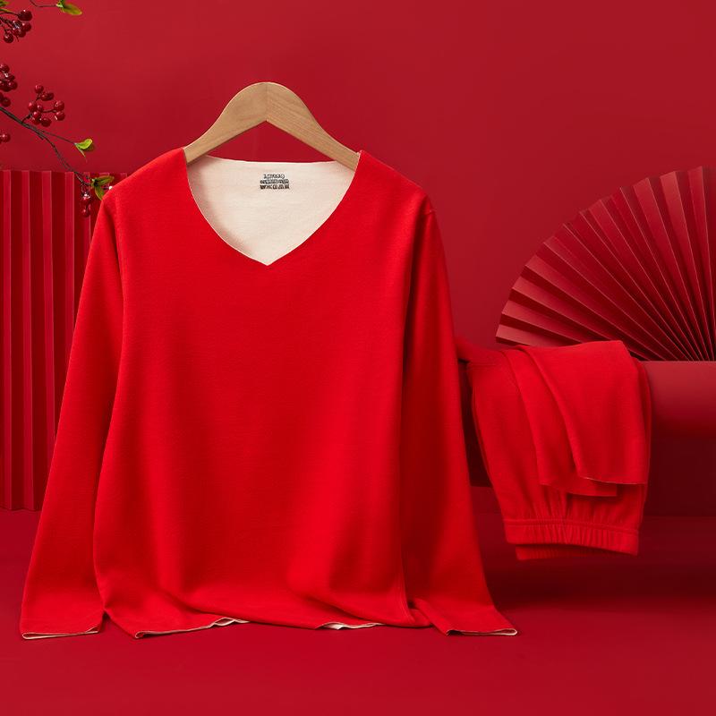 Teplý spodní prádlo Rok draka: Červený bezešvý sametový podzimní oděv pro páry