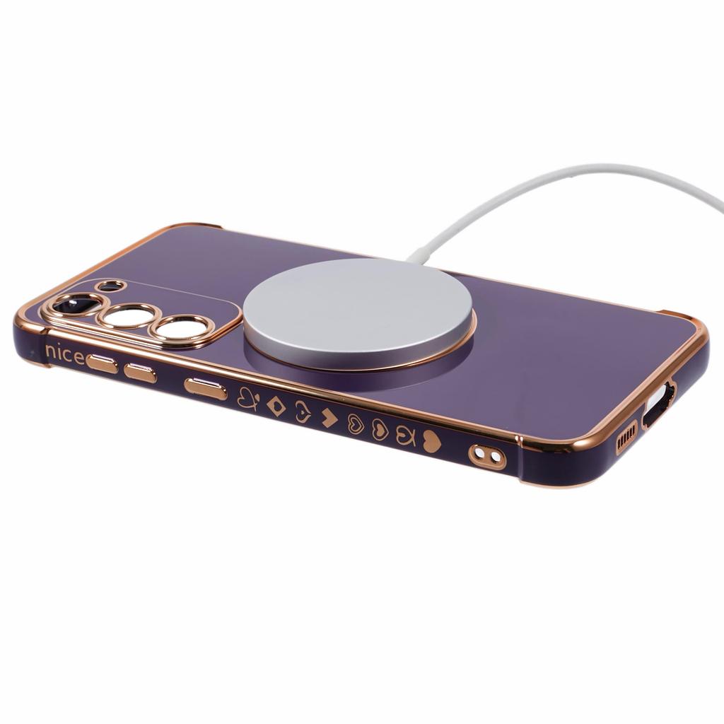 For Samsung Galaxy S23+ Case Compatible with MagSafe Electroplated TPU Phone Cover Hollow Love Hearts