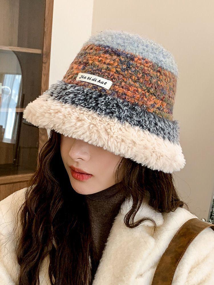 Women's Color Block Knitted Fisherman Hat - Warm, Thick, with Ear Protection & Large Brim, Perfect for Autumn/Winter.