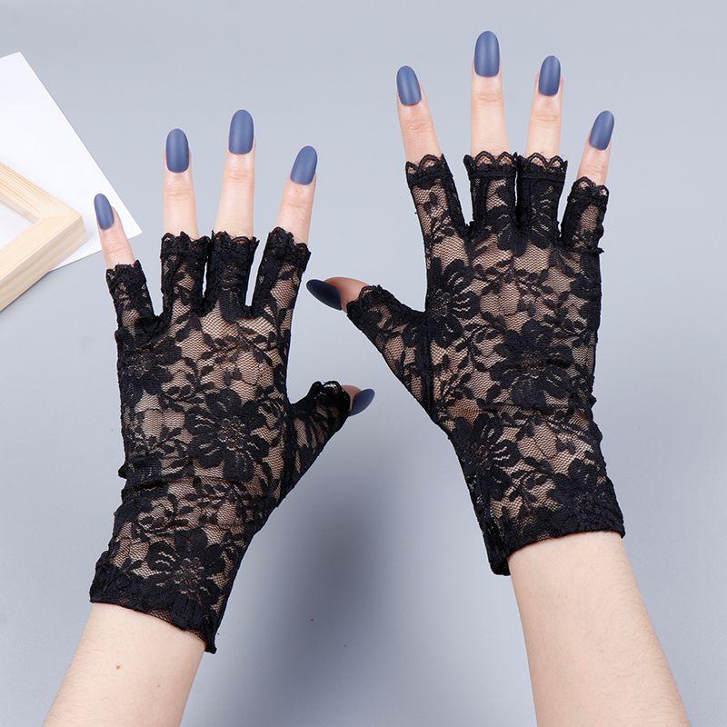 

Half Finger Gloves for Women Lace Thin Short Sexy Black Breathable Open Finger Dancing Scar Covering Tattoo Summer Sun Protection Black All yards