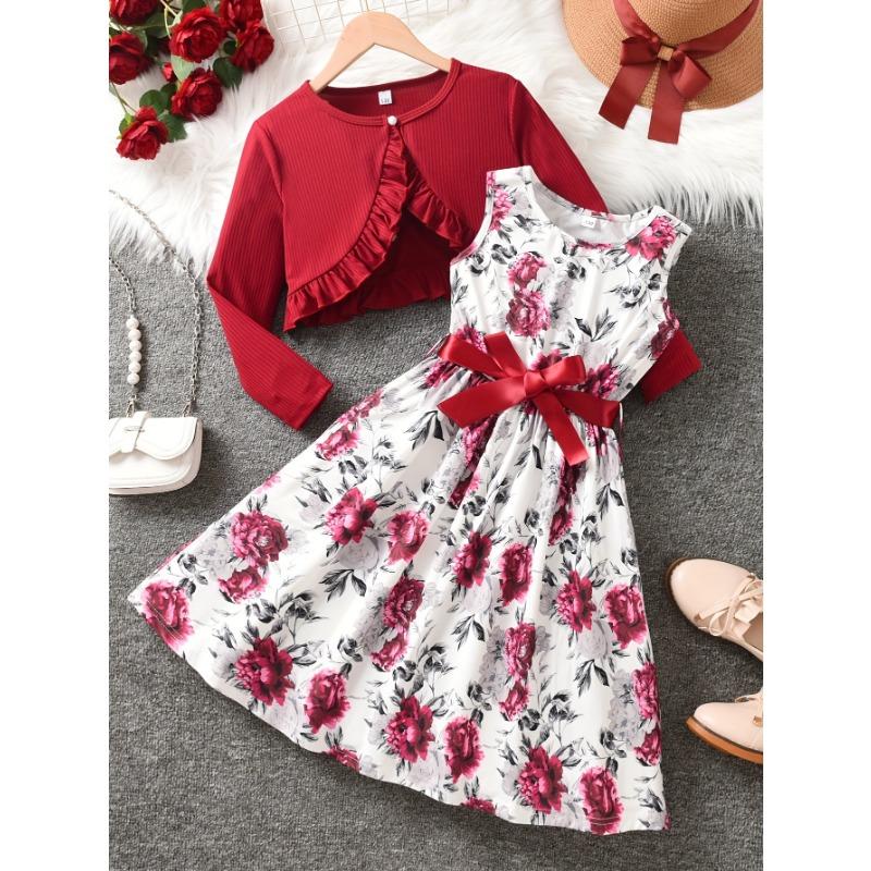 

Комплект из 2 предметов: Универсальные и удобные модные костюмы для девочек | Плиссированный кардиган с кружевной отделкой + Платье с цветочным принтом для маленькой девочки 12Y багровый