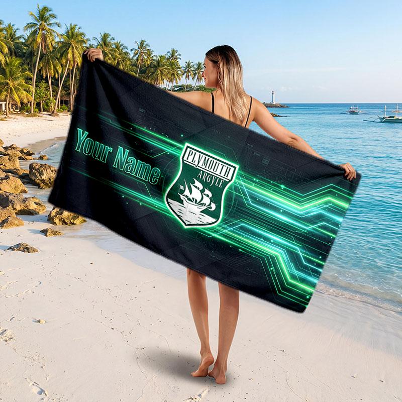 Plymouth Argyle FC Custom Beach Towel, Personalized Name Text Print, Football Logo Soft Quick‑Dry Towel Holiday Gift