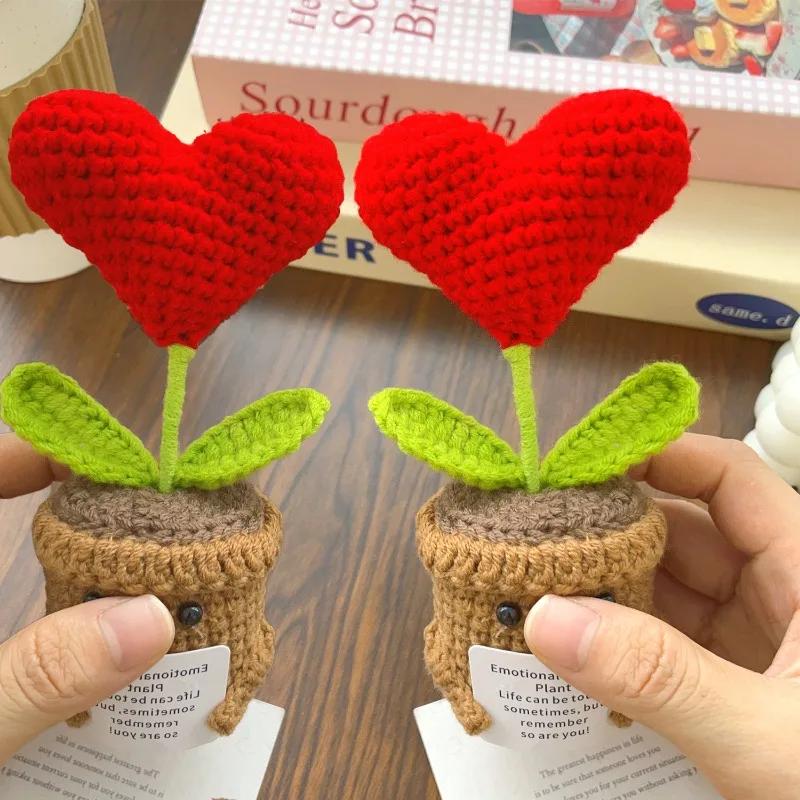 Positive Energy Heart Sunflower Handmade Knitted Emotional Support Crochet Doll Hug Pocket With Positive Card Decoration Gifts